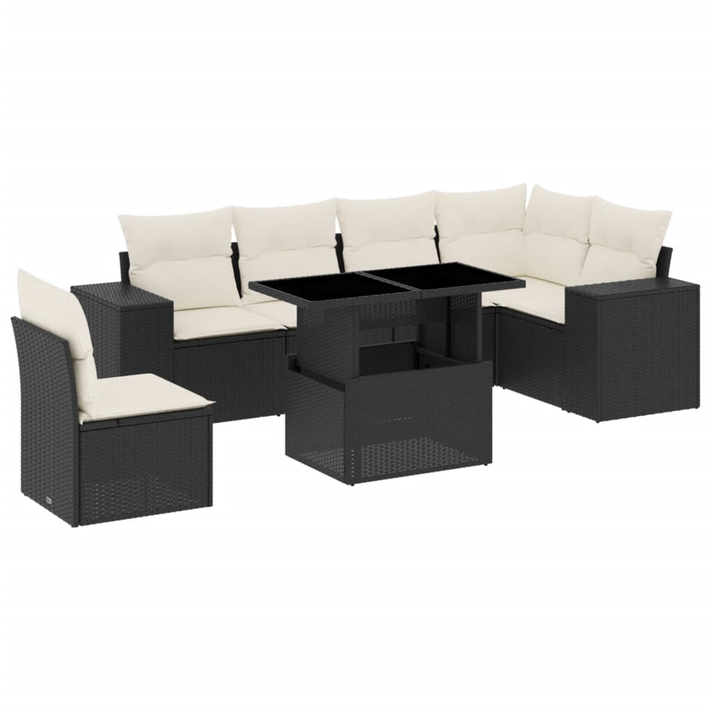 7-tlg. Garten-Sofagarnitur mit Kissen Schwarz Poly Rattan