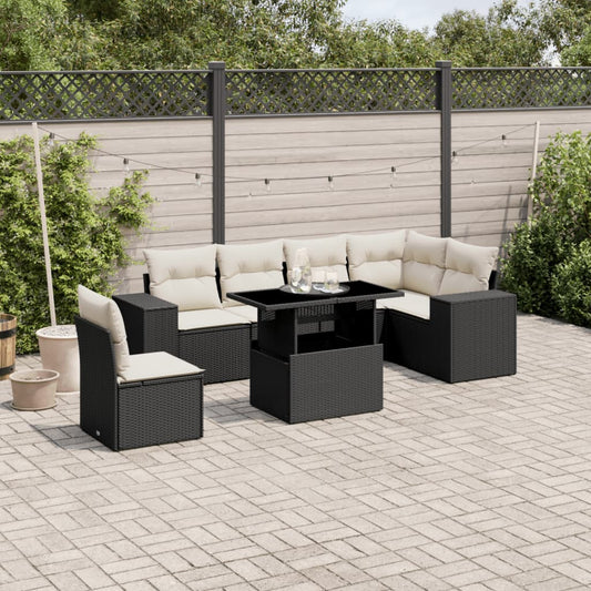 7-tlg. Garten-Sofagarnitur mit Kissen Schwarz Poly Rattan