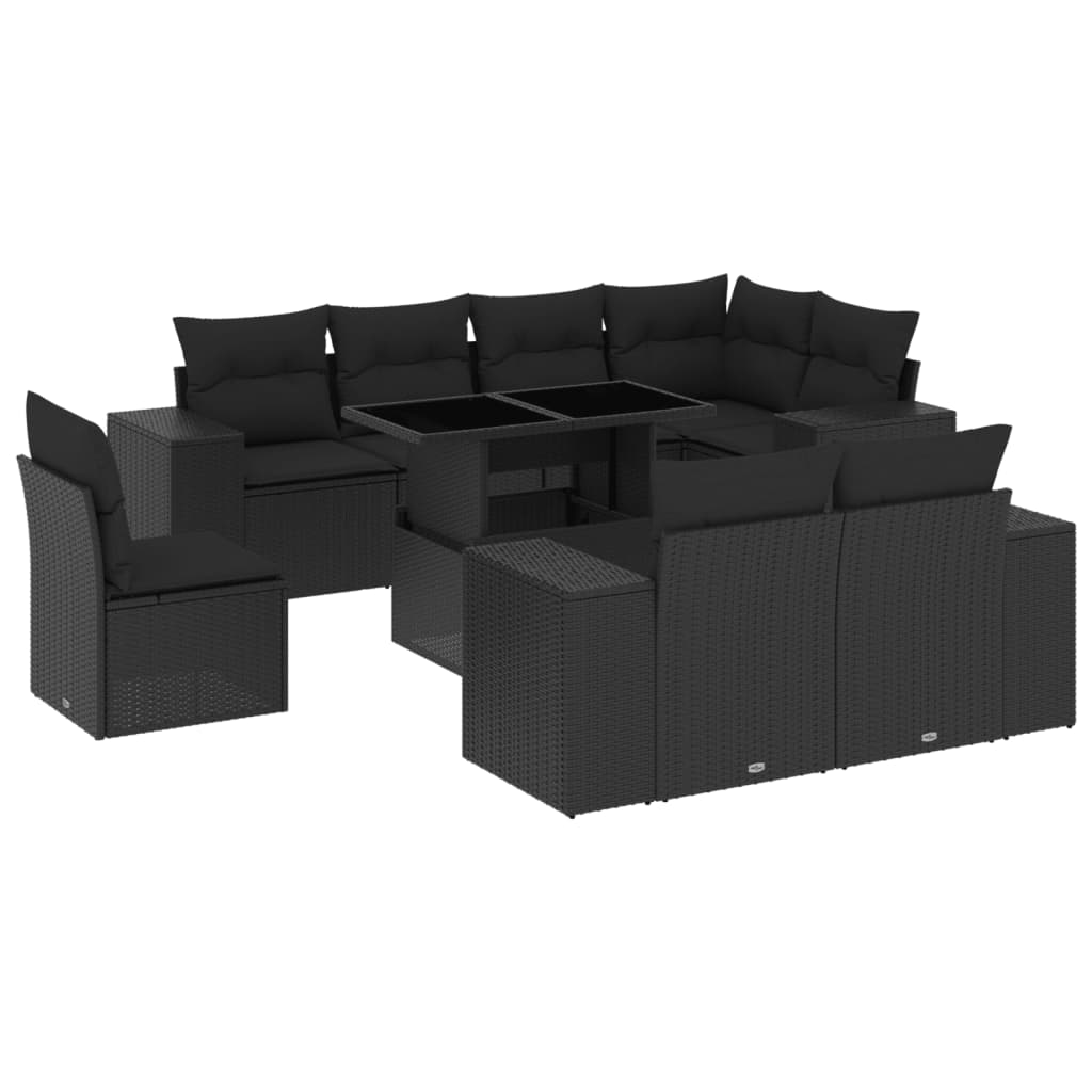 9-tlg. Garten-Sofagarnitur mit Kissen Schwarz Poly Rattan