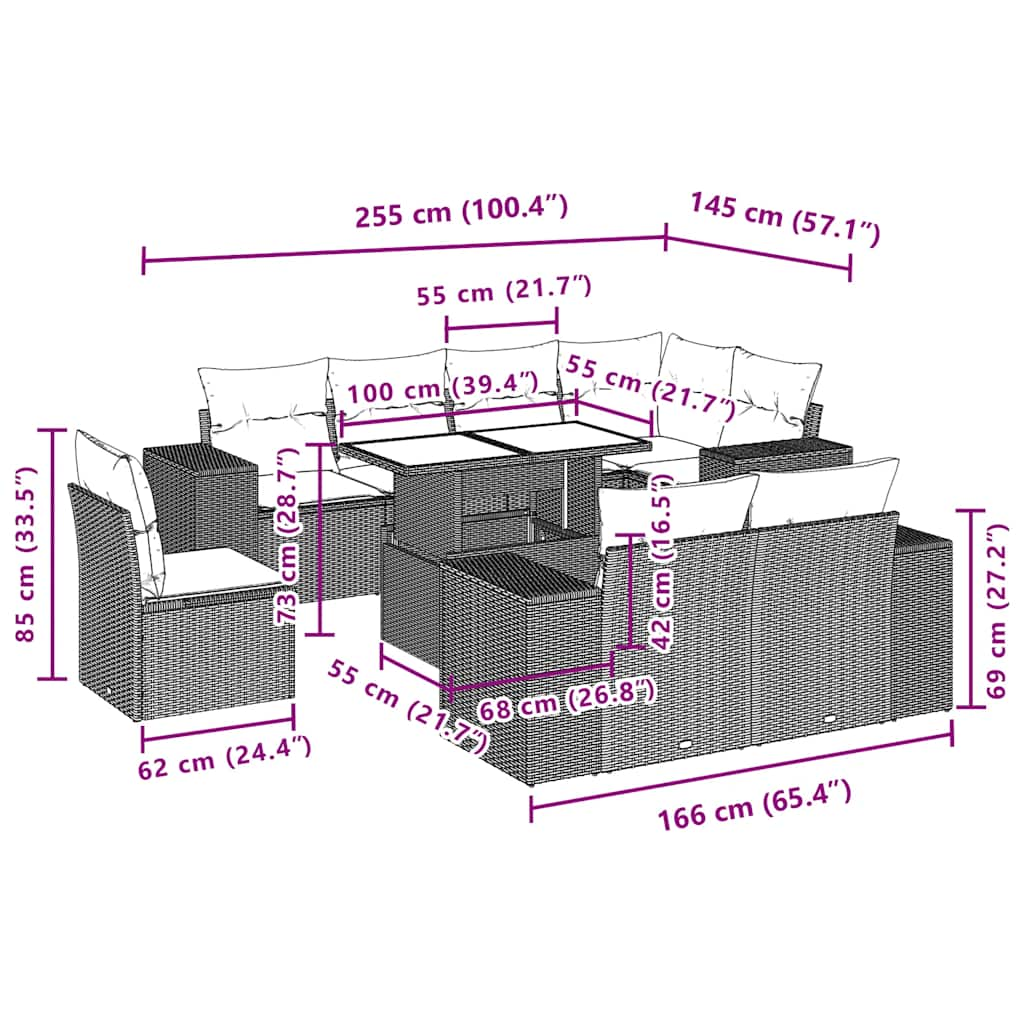 9-tlg. Garten-Sofagarnitur mit Kissen Schwarz Poly Rattan