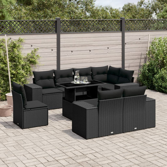 9-tlg. Garten-Sofagarnitur mit Kissen Schwarz Poly Rattan