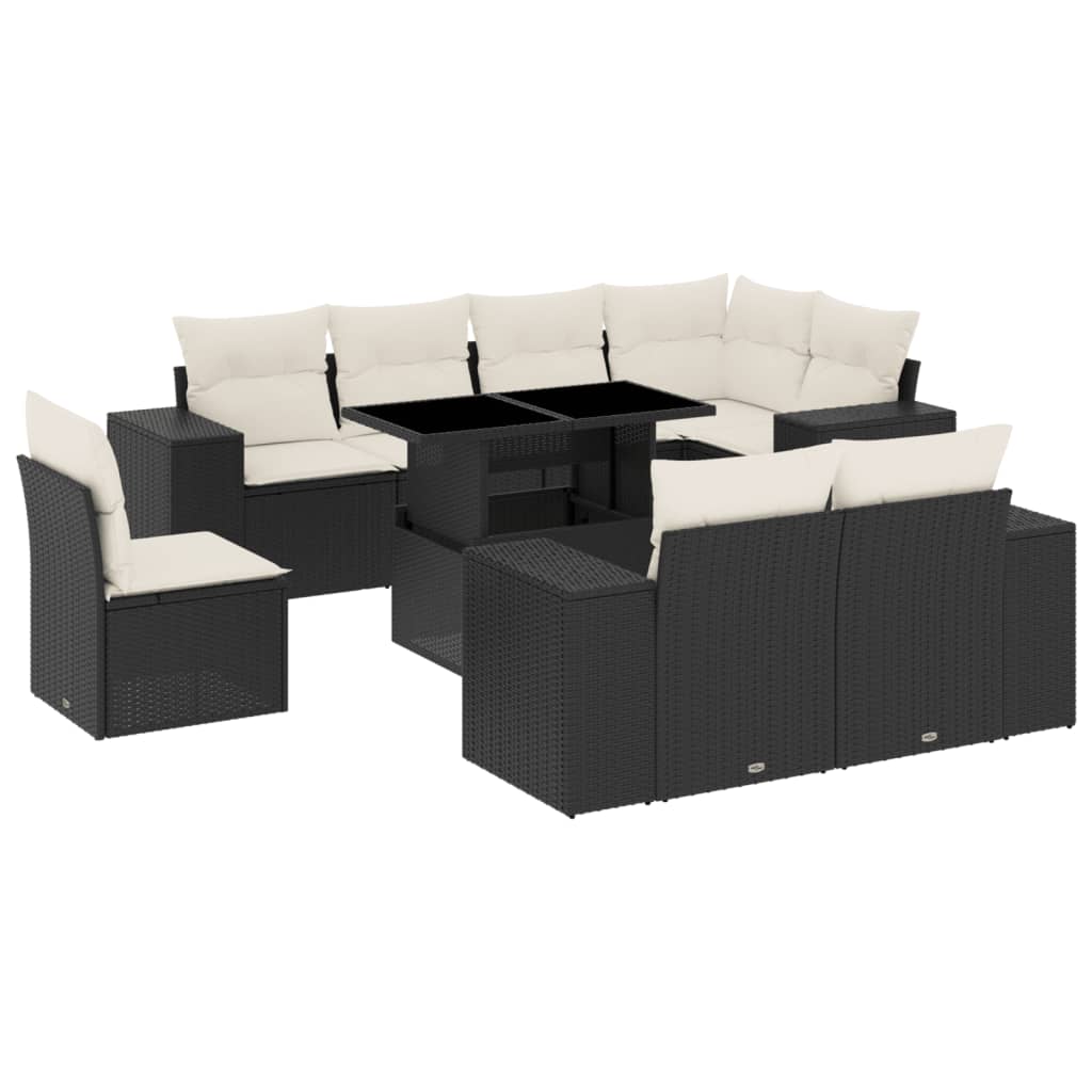 9-tlg. Garten-Sofagarnitur mit Kissen Schwarz Poly Rattan