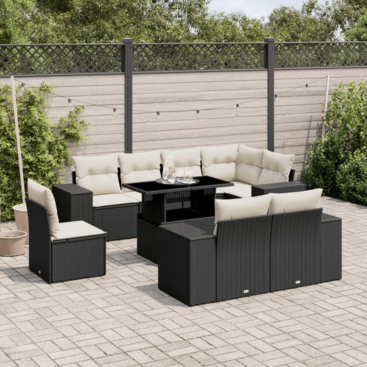 9-tlg. Garten-Sofagarnitur mit Kissen Schwarz Poly Rattan