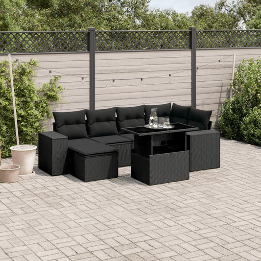 7-tlg. Garten-Sofagarnitur mit Kissen Schwarz Poly Rattan