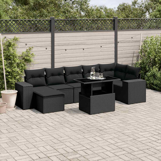 8-tlg. Garten-Sofagarnitur mit Kissen Schwarz Poly Rattan