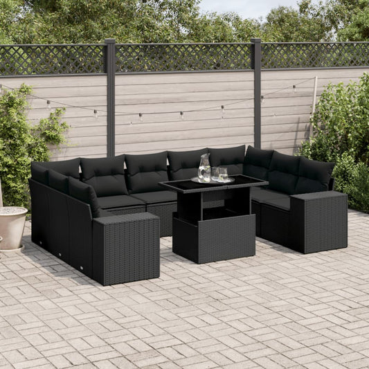 10-tlg. Garten-Sofagarnitur mit Kissen Schwarz Poly Rattan