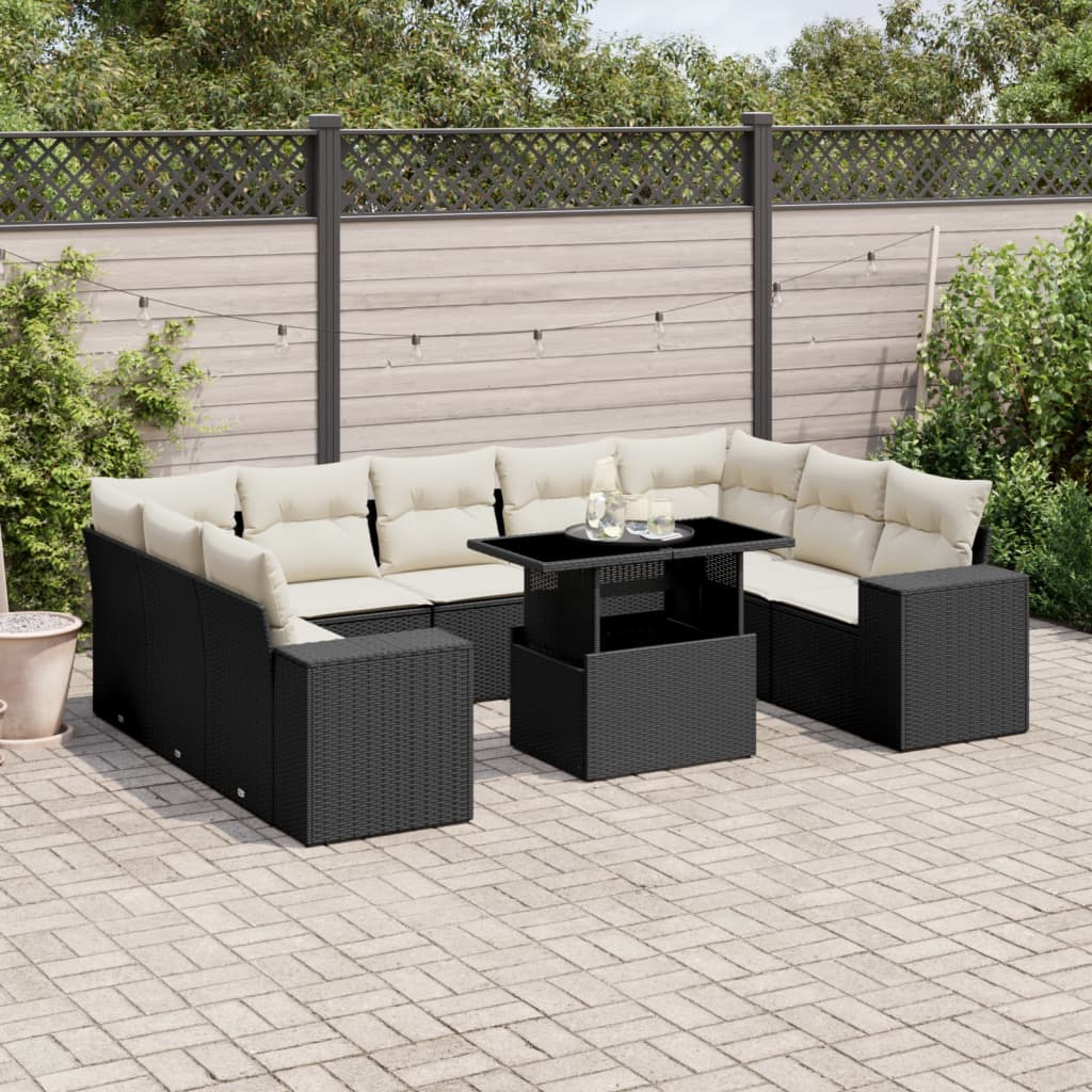 10-tlg. Garten-Sofagarnitur mit Kissen Schwarz Poly Rattan