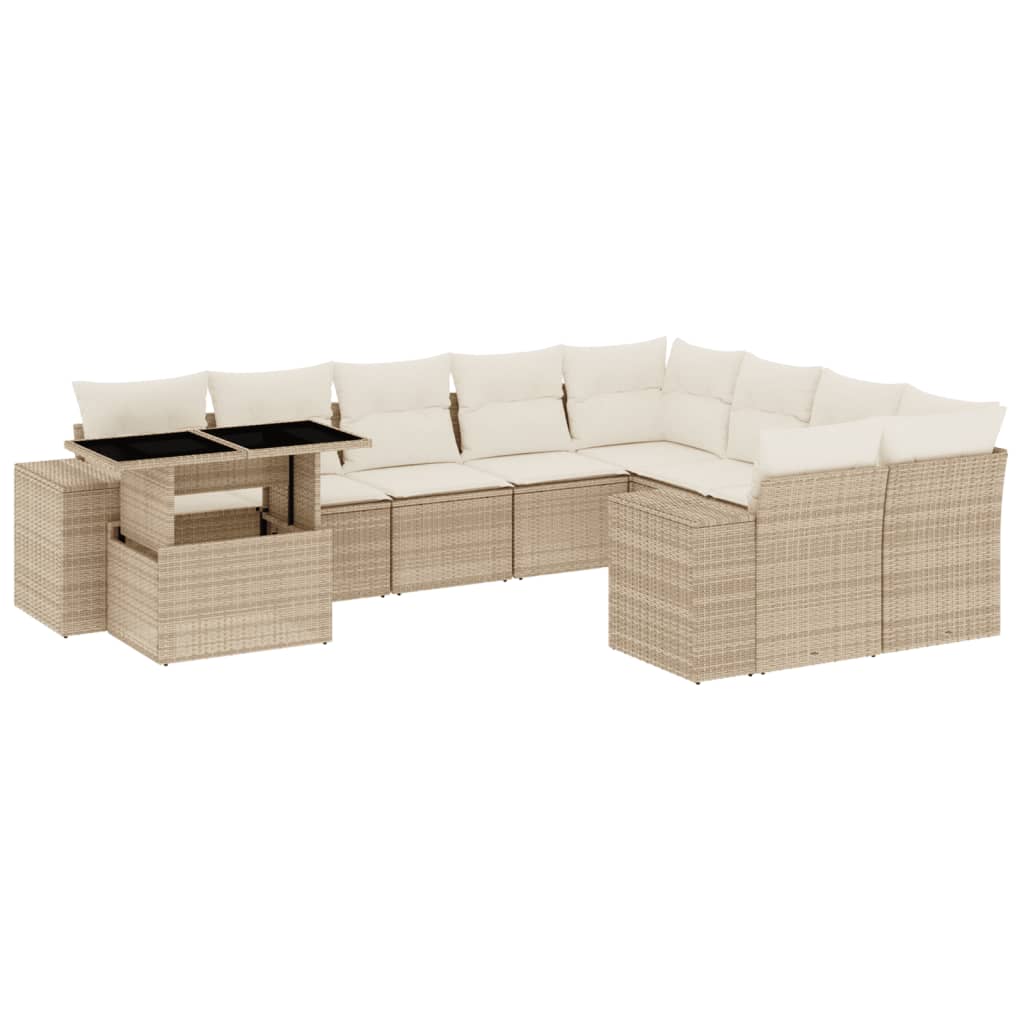 10-tlg. Garten-Sofagarnitur mit Kissen Beige Poly Rattan