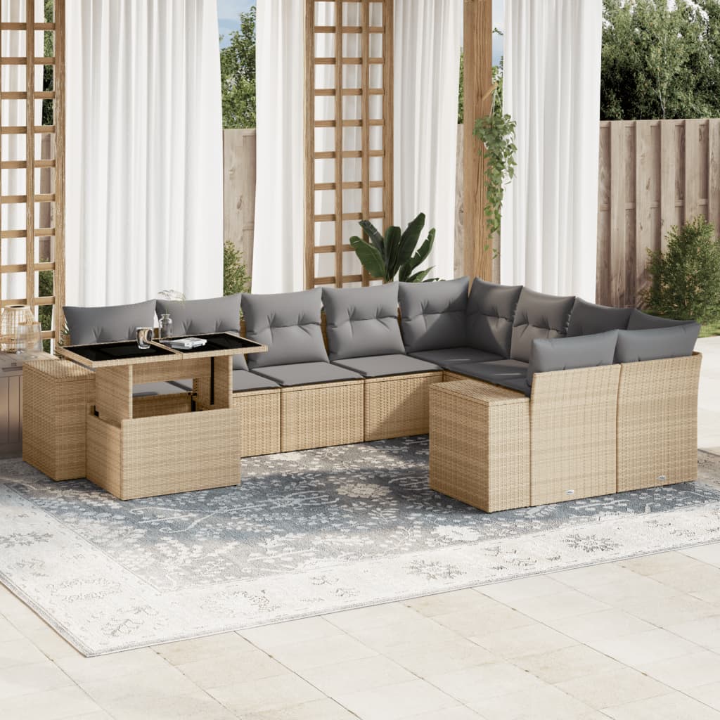 10-tlg. Garten-Sofagarnitur mit Kissen Beige Poly Rattan