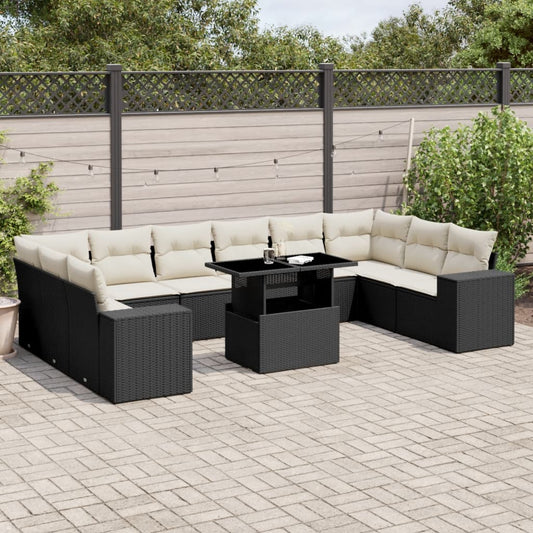 11-tlg. Garten-Sofagarnitur mit Kissen Schwarz Poly Rattan