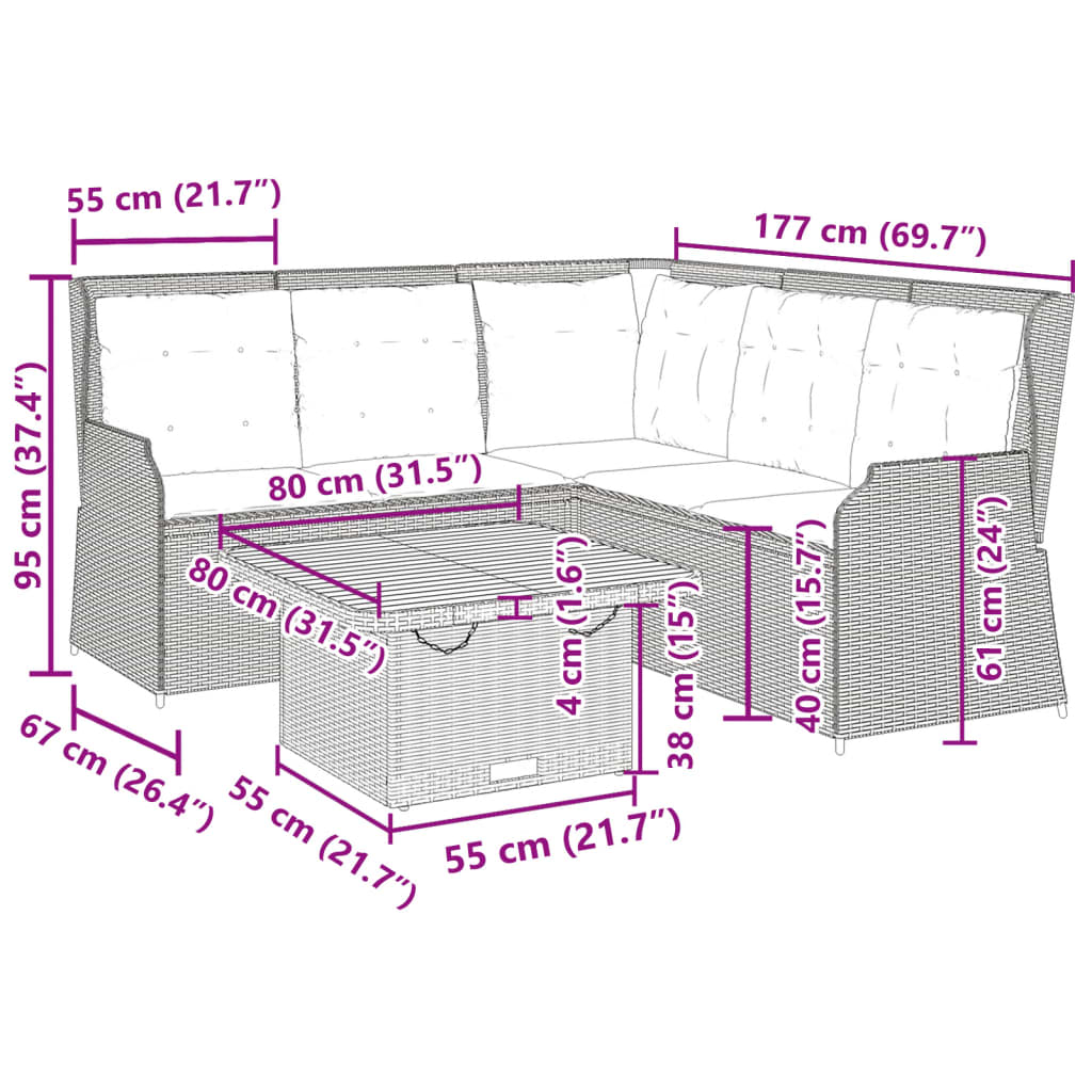 4-tlg. Garten-Lounge-Set mit Kissen Schwarz Poly Rattan