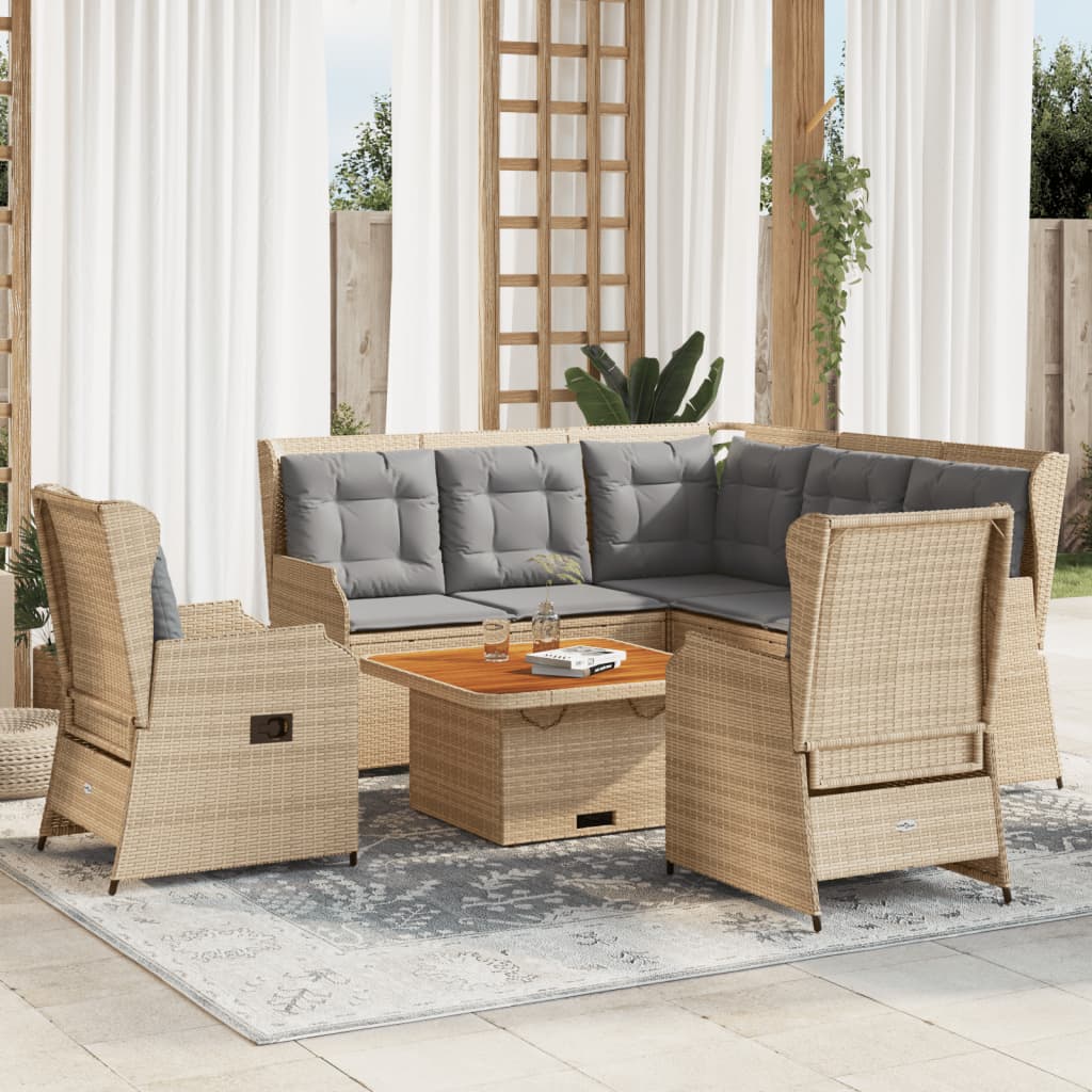 6-tlg. Garten-Lounge-Set mit Kissen Beige Poly Rattan