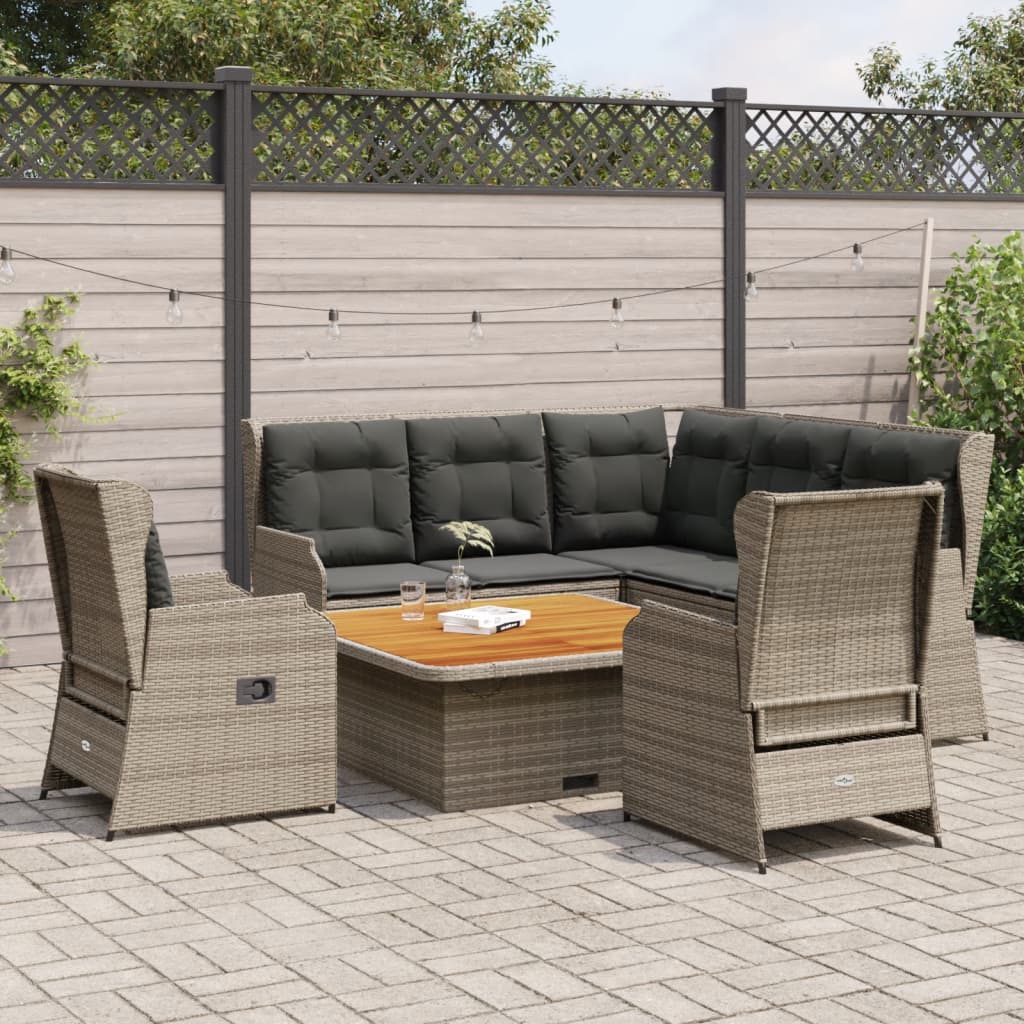 6-tlg. Garten-Lounge-Set mit Kissen Grau Poly Rattan