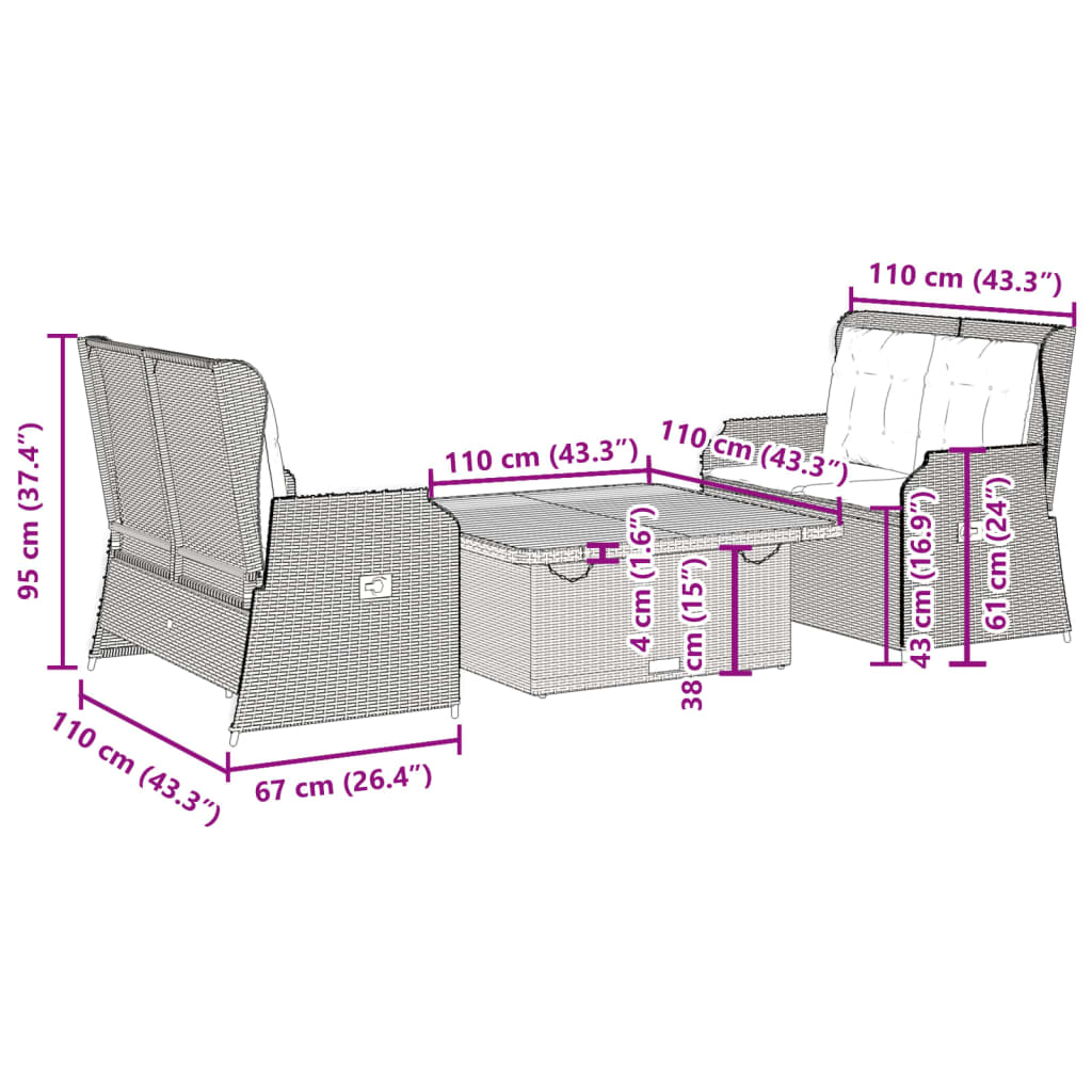 3-tlg. Garten-Lounge-Set mit Kissen Schwarz Poly Rattan