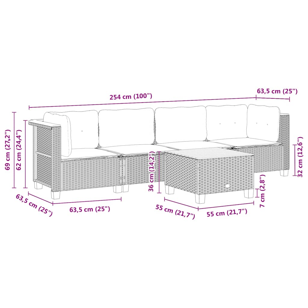 5-tlg. Garten-Sofagarnitur mit Kissen Beige Poly Rattan