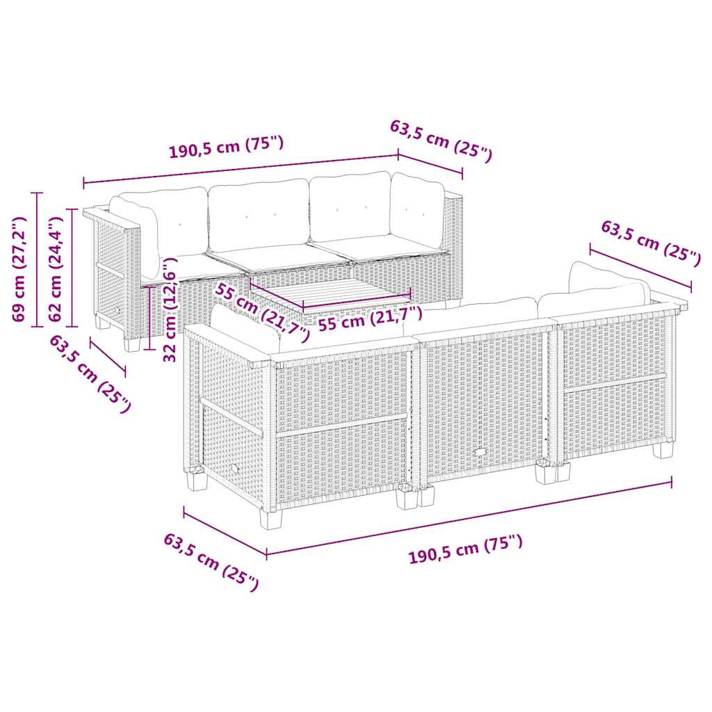 7-tlg. Garten-Sofagarnitur mit Kissen Beige Poly Rattan