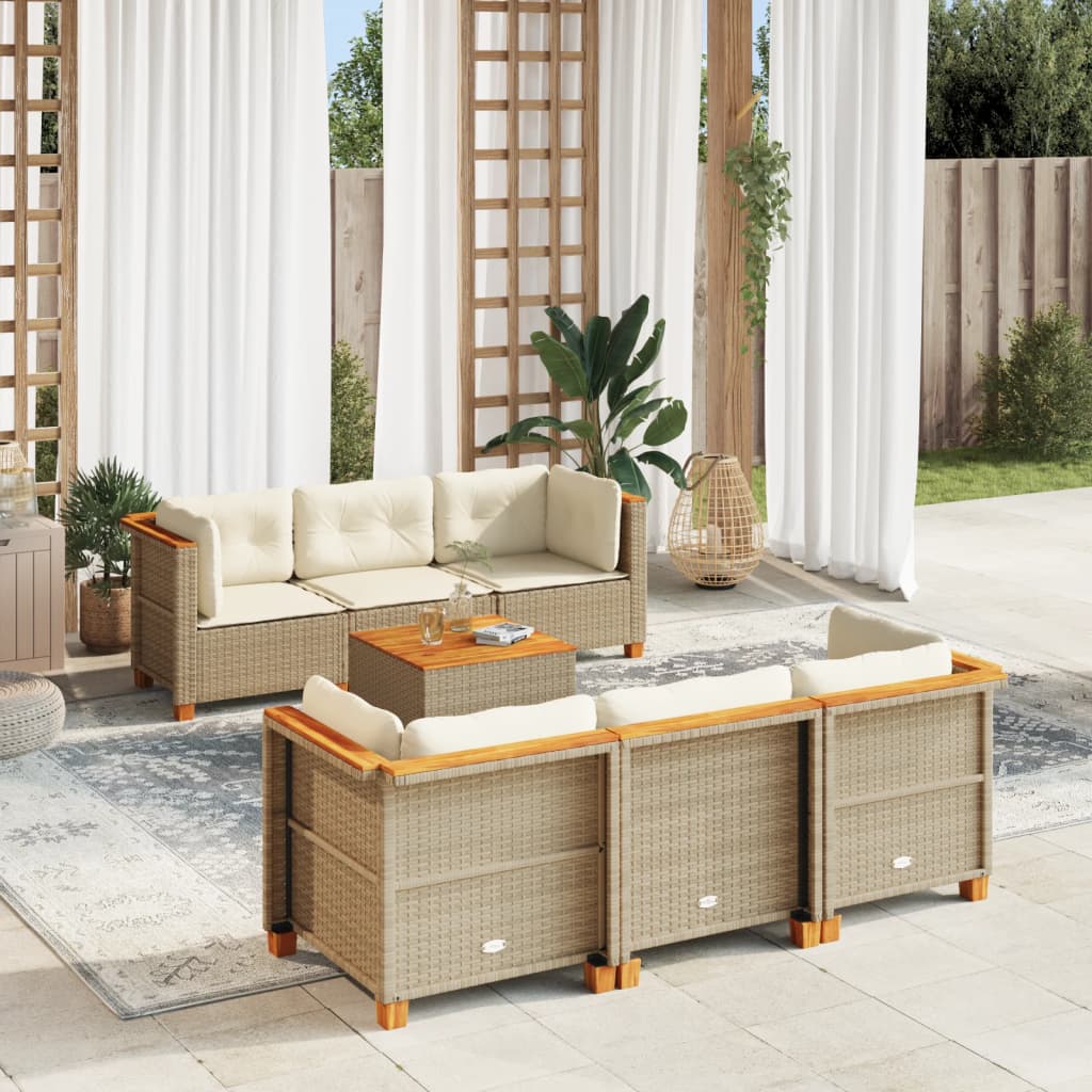 7-tlg. Garten-Sofagarnitur mit Kissen Beige Poly Rattan