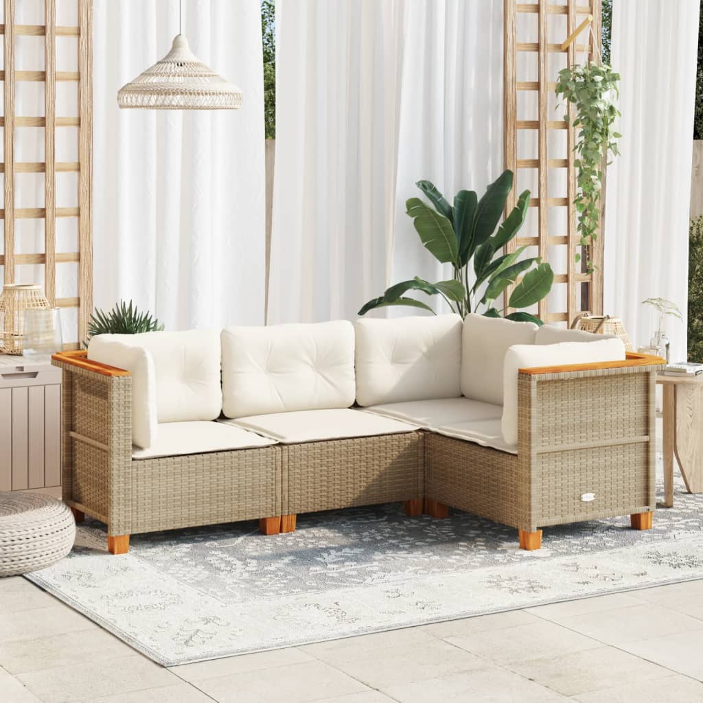 4-tlg. Garten-Sofagarnitur mit Kissen Beige Poly Rattan