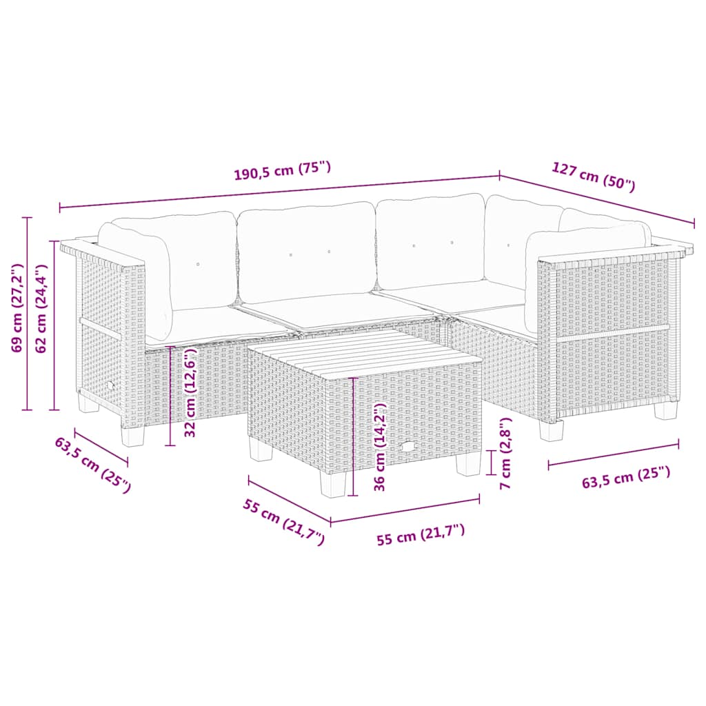 5-tlg. Garten-Sofagarnitur mit Kissen Beige Poly Rattan