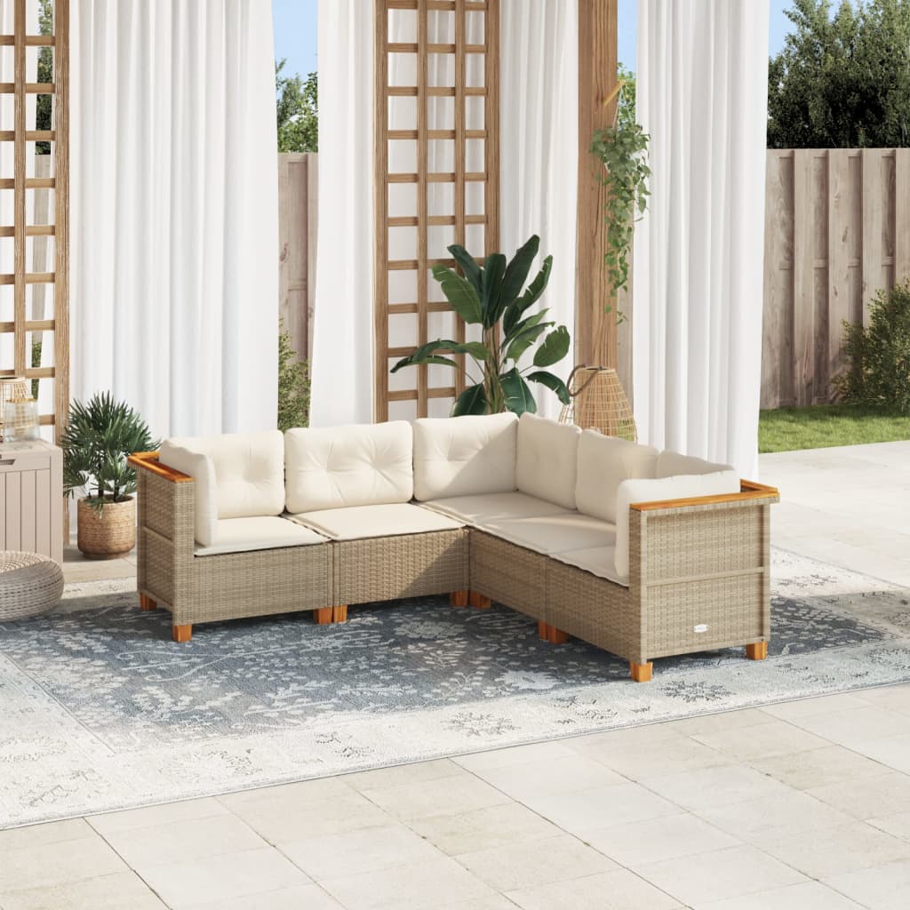 5-tlg. Garten-Sofagarnitur mit Kissen Beige Poly Rattan