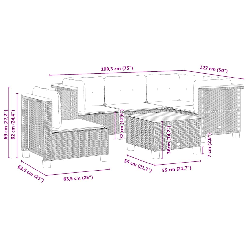 6-tlg. Garten-Sofagarnitur mit Kissen Beige Poly Rattan