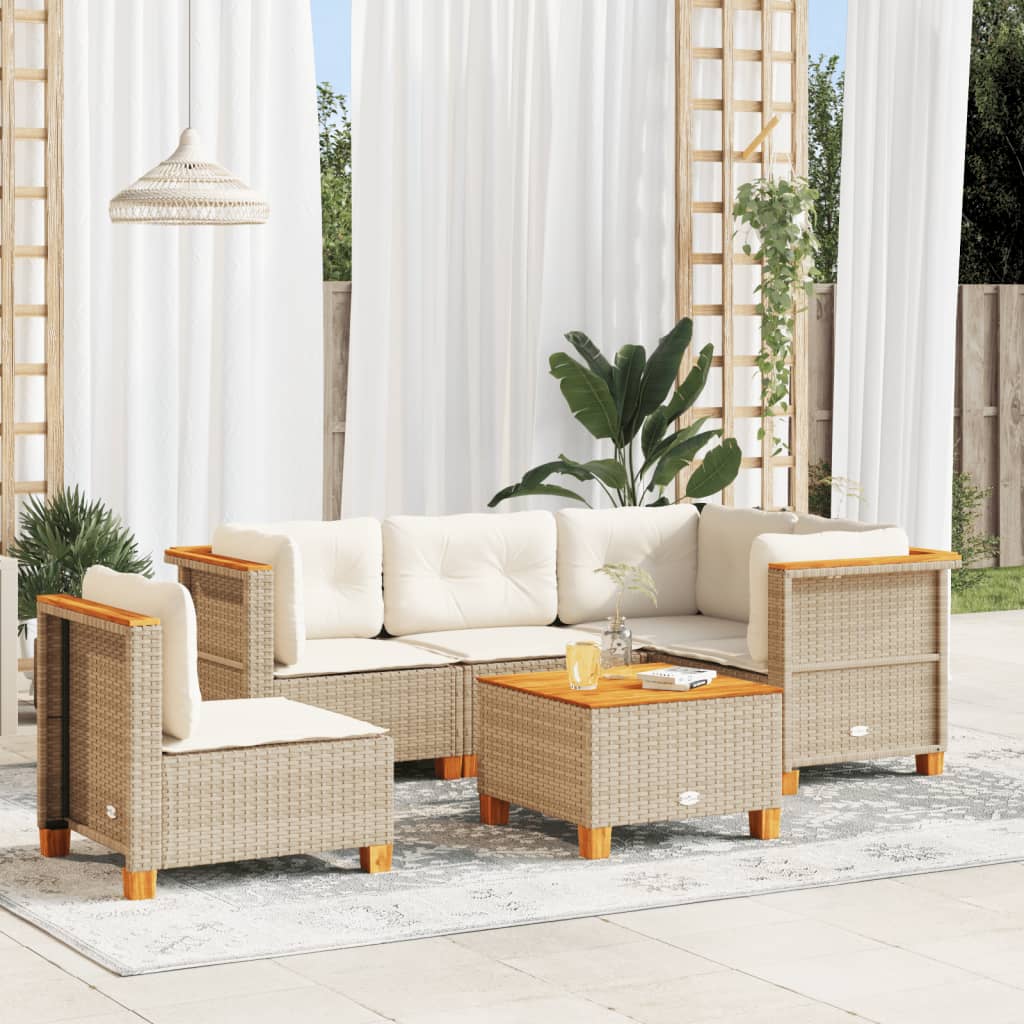 6-tlg. Garten-Sofagarnitur mit Kissen Beige Poly Rattan