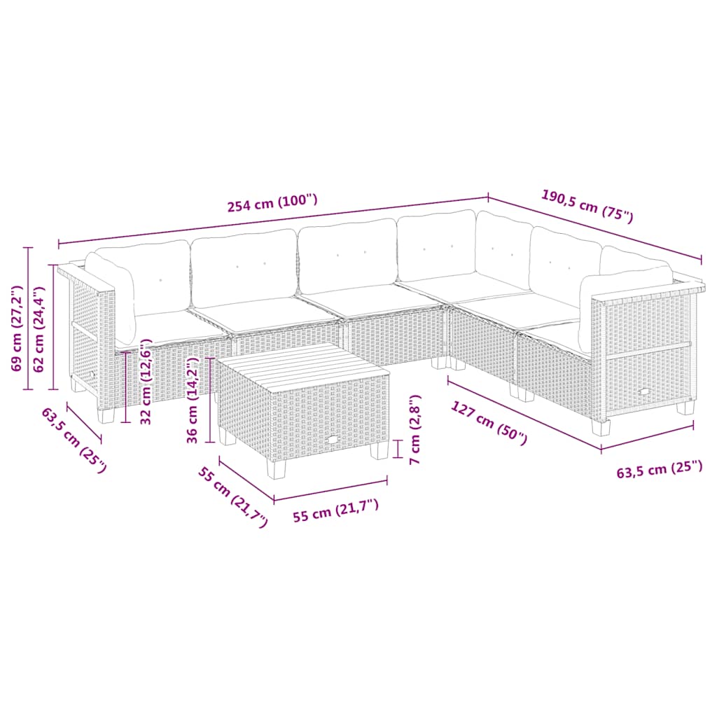 7-tlg. Garten-Sofagarnitur mit Kissen Beige Poly Rattan