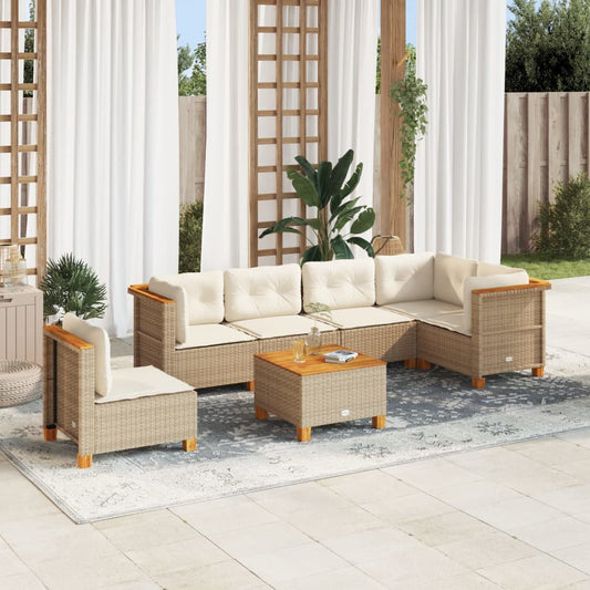 7-tlg. Garten-Sofagarnitur mit Kissen Beige Poly Rattan