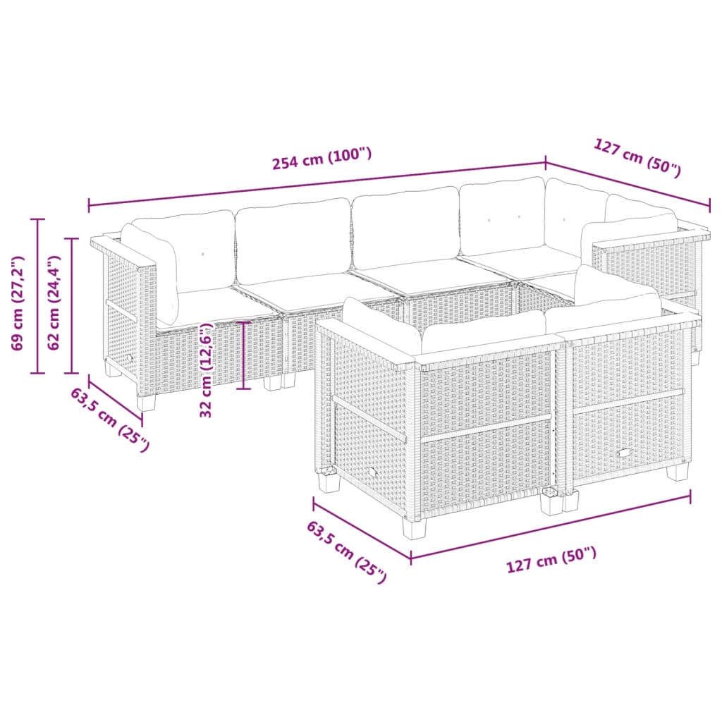 7-tlg. Garten-Sofagarnitur mit Kissen Beige Poly Rattan