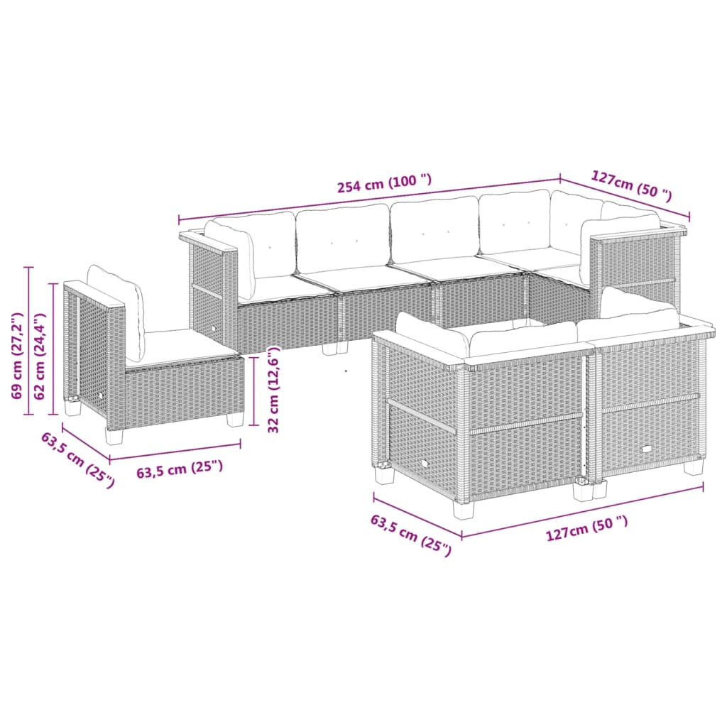 8-tlg. Garten-Sofagarnitur mit Kissen Beige Poly Rattan