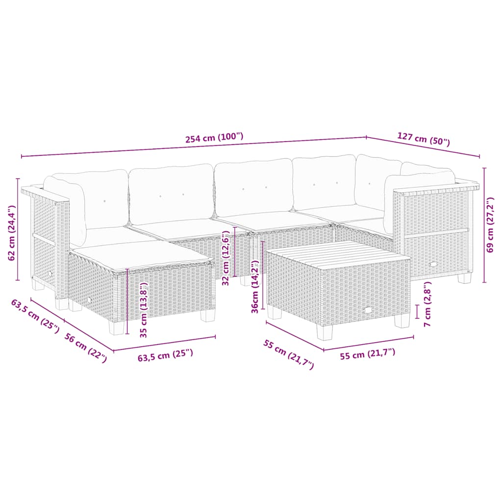 7-tlg. Garten-Sofagarnitur mit Kissen Beige Poly Rattan