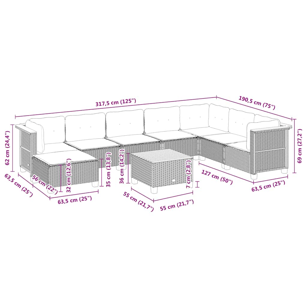 9-tlg. Garten-Sofagarnitur mit Kissen Beige Poly Rattan