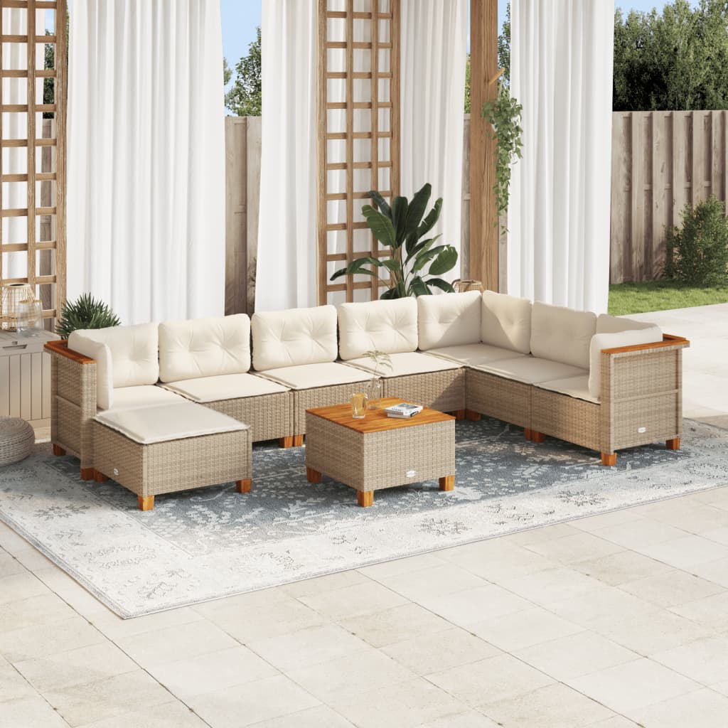 9-tlg. Garten-Sofagarnitur mit Kissen Beige Poly Rattan