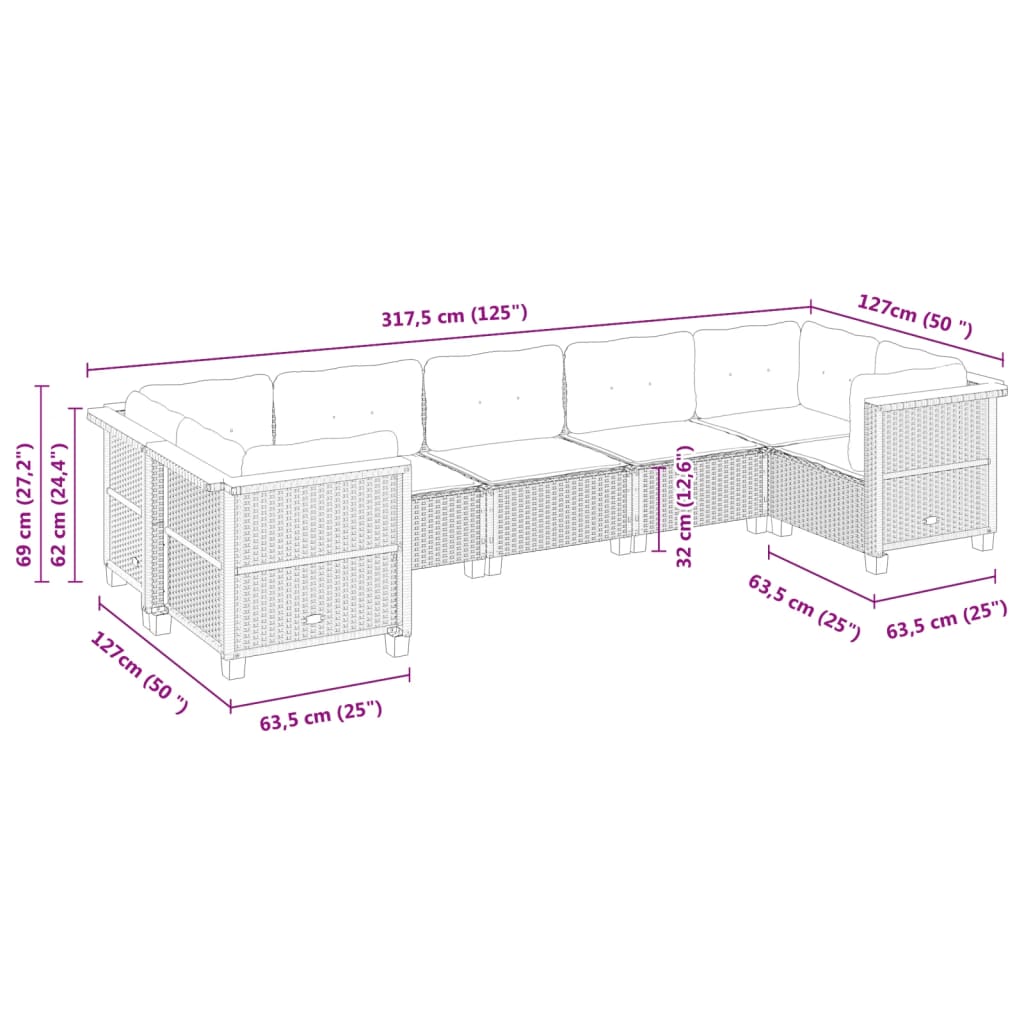 7-tlg. Garten-Sofagarnitur mit Kissen Beige Poly Rattan