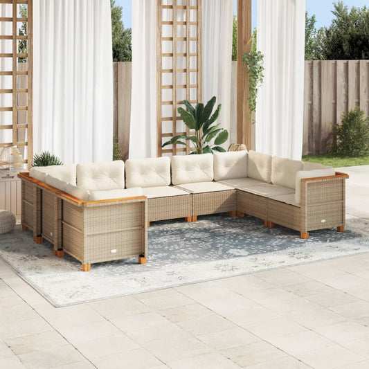 9-tlg. Garten-Sofagarnitur mit Kissen Beige Poly Rattan