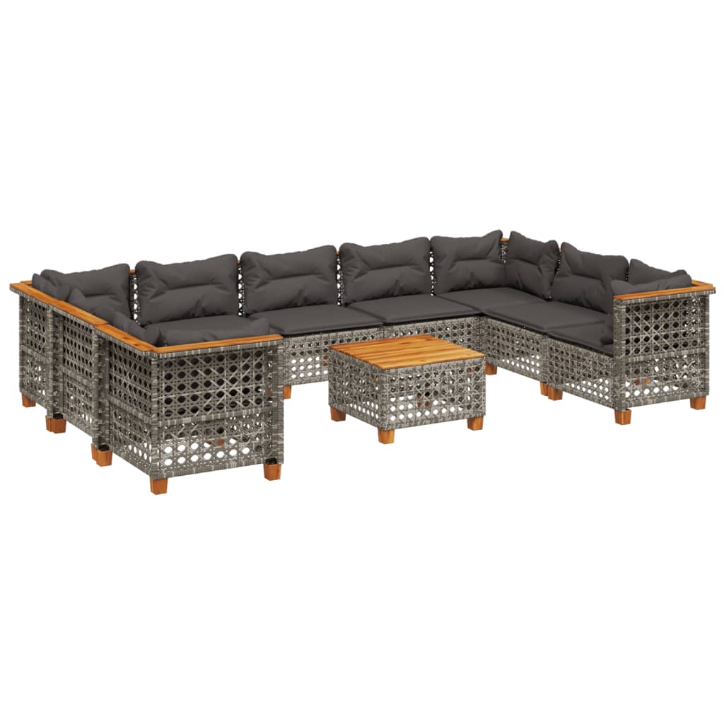 10-tlg. Garten-Sofagarnitur mit Kissen Grau Poly Rattan