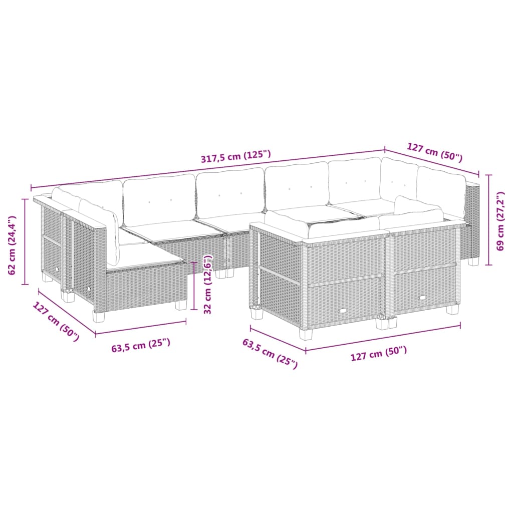 9-tlg. Garten-Sofagarnitur mit Kissen Beige Poly Rattan