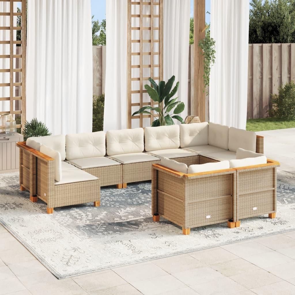 9-tlg. Garten-Sofagarnitur mit Kissen Beige Poly Rattan