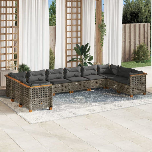 10-tlg. Garten-Sofagarnitur mit Kissen Grau Poly Rattan