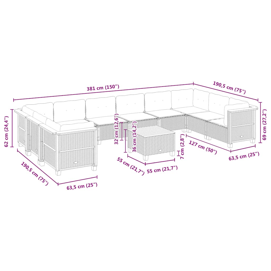 11-tlg. Garten-Sofagarnitur mit Kissen Beige Poly Rattan