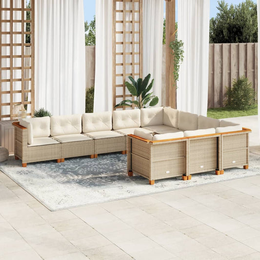 10-tlg. Garten-Sofagarnitur mit Kissen Beige Poly Rattan