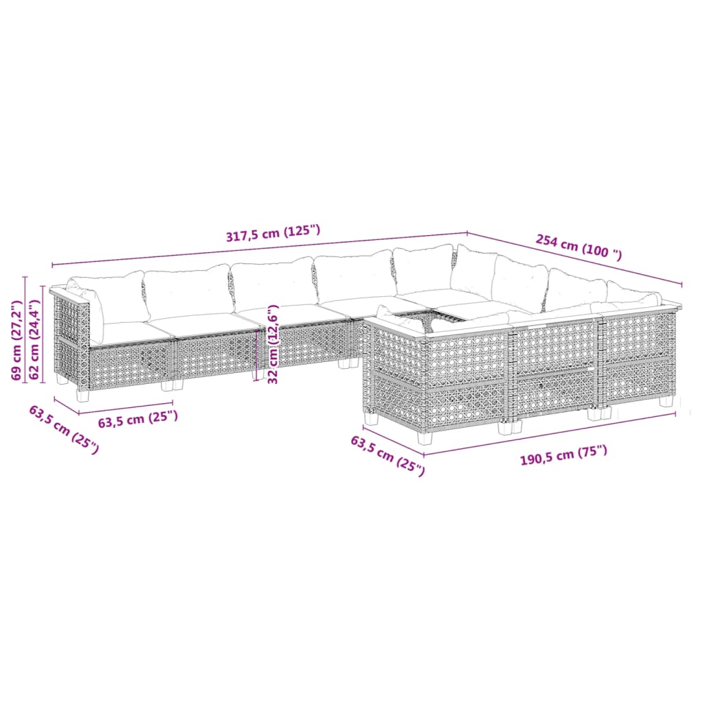 10-tlg. Garten-Sofagarnitur mit Kissen Schwarz Poly Rattan