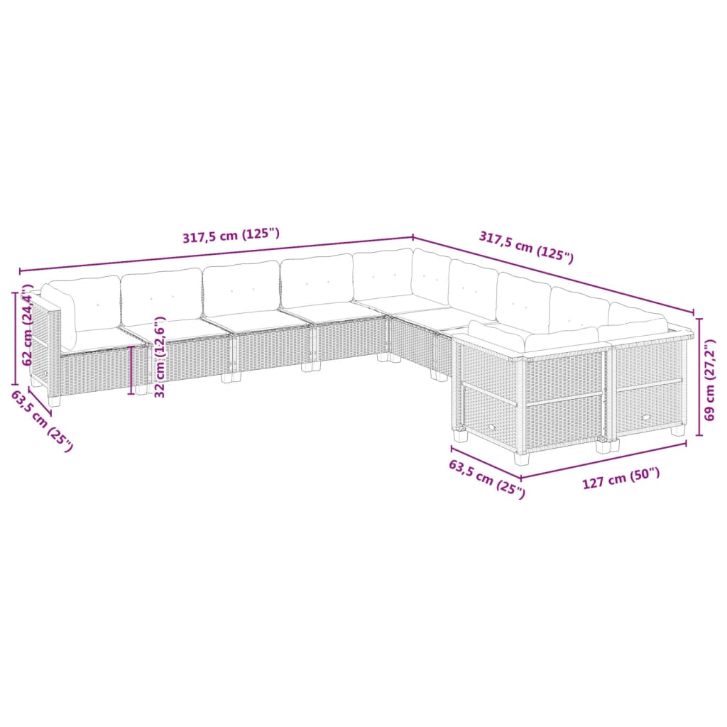 10-tlg. Garten-Sofagarnitur mit Kissen Schwarz Poly Rattan