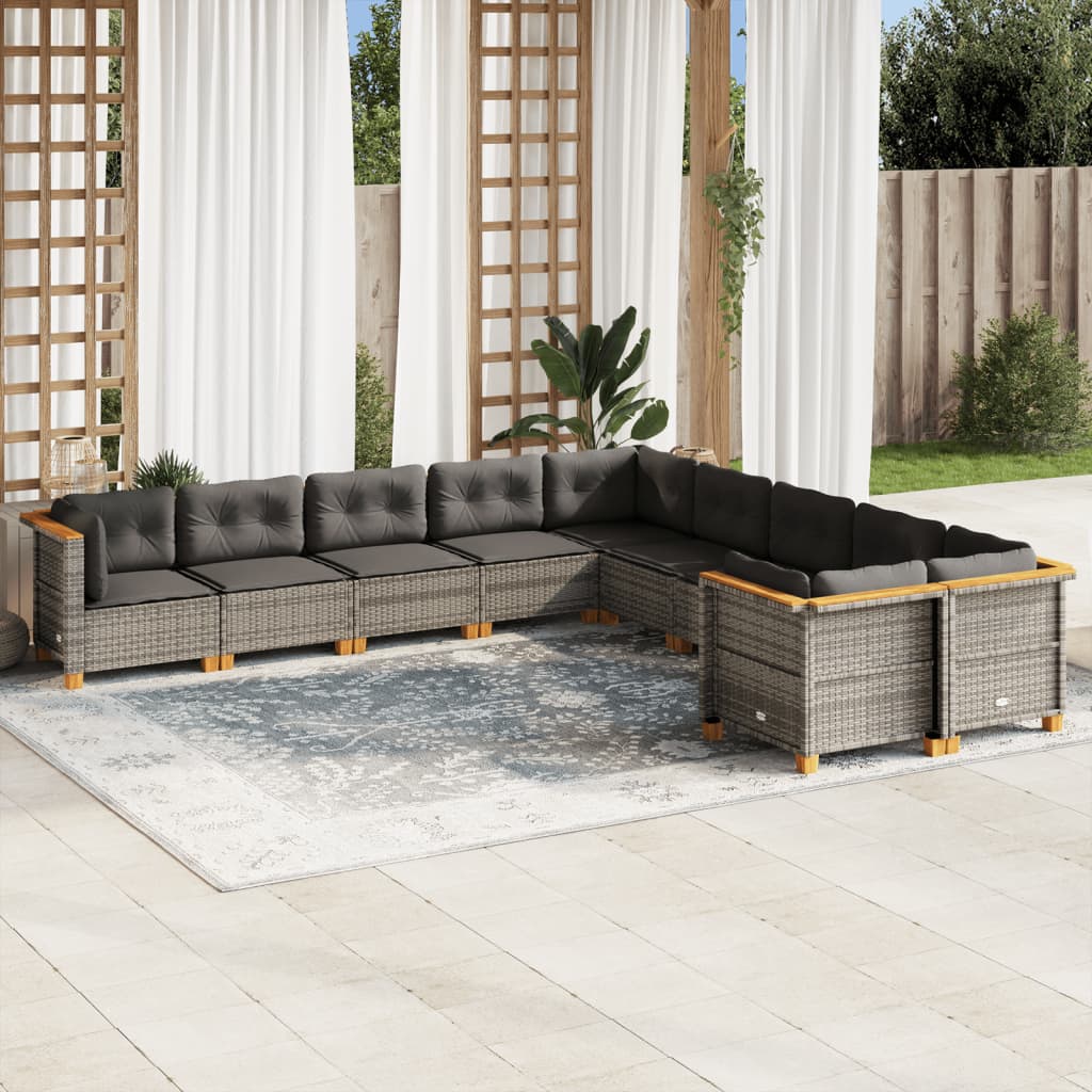 10-tlg. Garten-Sofagarnitur mit Kissen Grau Poly Rattan