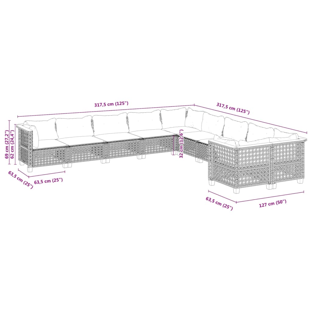 10-tlg. Garten-Sofagarnitur mit Kissen Grau Poly Rattan