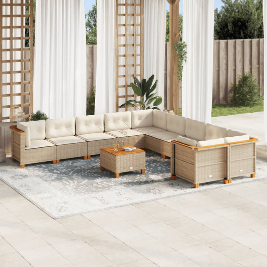 11-tlg. Garten-Sofagarnitur mit Kissen Beige Poly Rattan