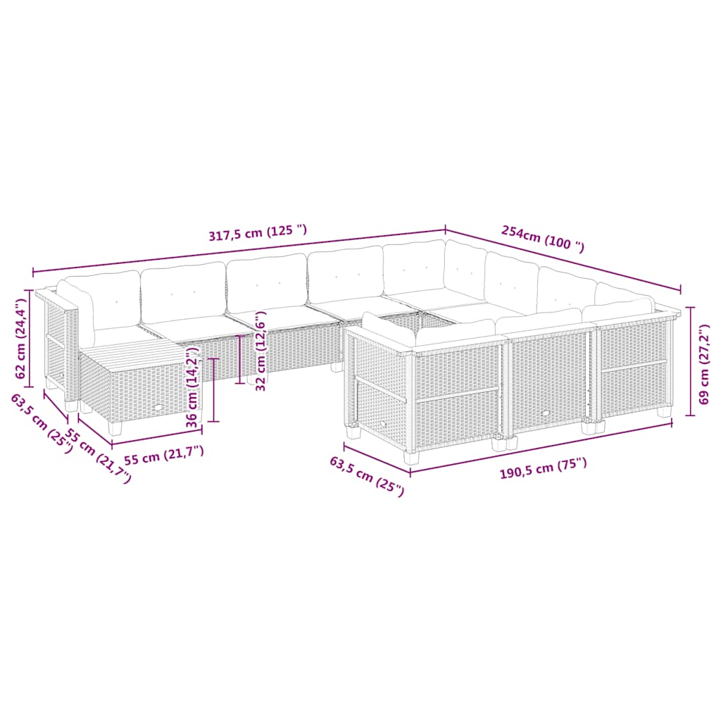 11-tlg. Garten-Sofagarnitur mit Kissen Beige Poly Rattan