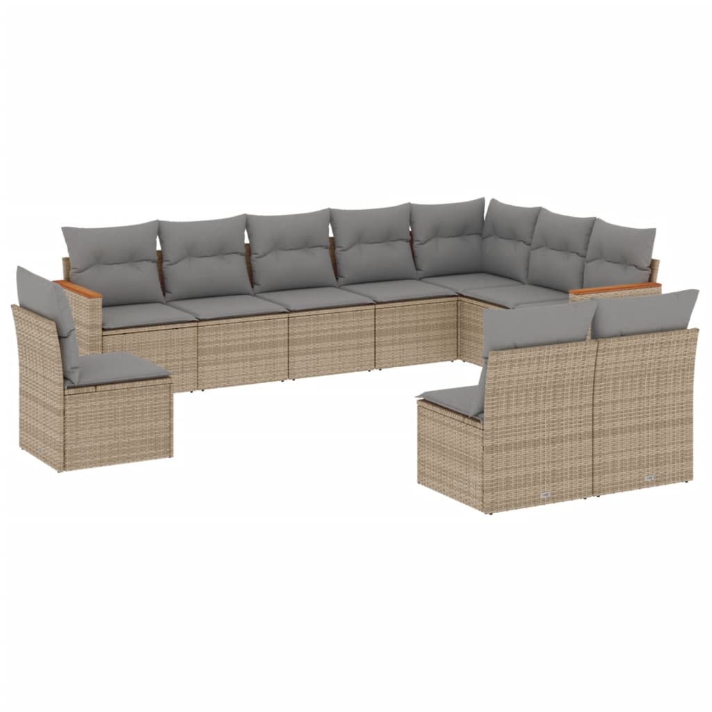 10-tlg. Garten-Sofagarnitur mit Kissen Beige Poly Rattan