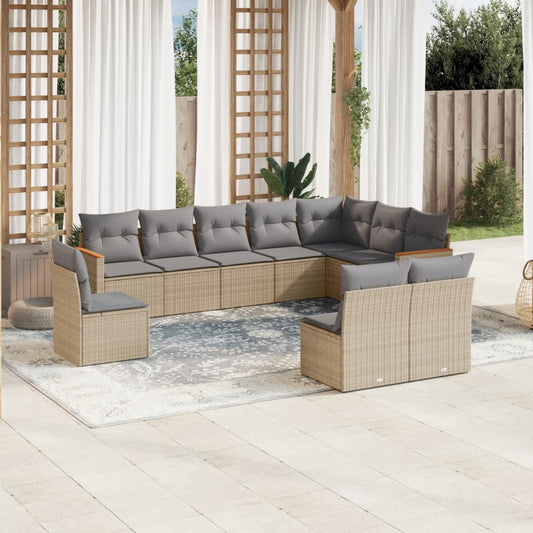 10-tlg. Garten-Sofagarnitur mit Kissen Beige Poly Rattan