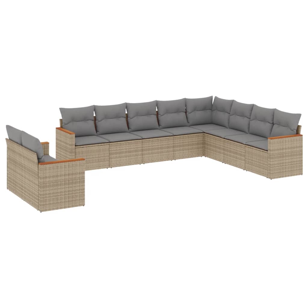 10-tlg. Garten-Sofagarnitur mit Kissen Beige Poly Rattan